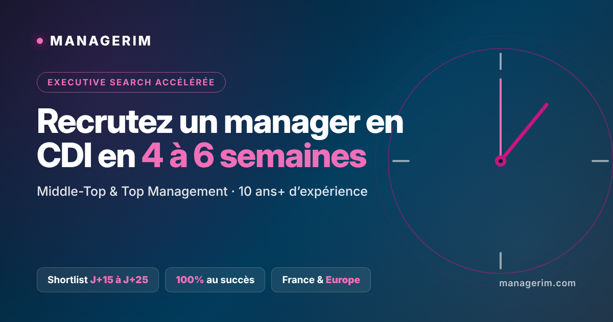 Executive Search Accélérée MANAGERIM : recrutement CDI de managers et dirigeants en 4 à 6 semaines, shortlist entre J+15 et J+25, 100% au succès