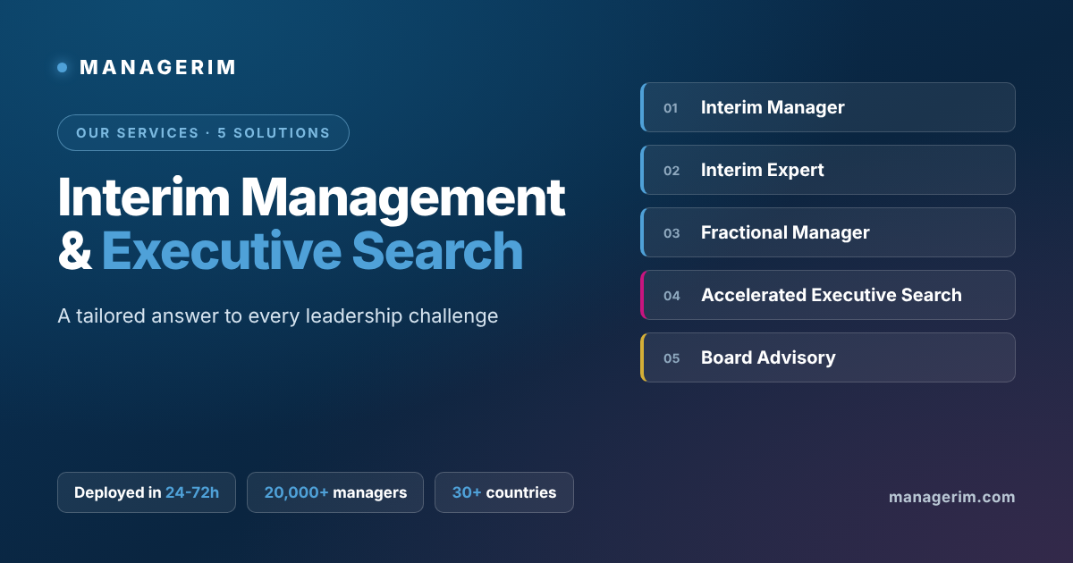 The 5 MANAGERIM services: Interim Manager, Interim Expert, Fractional Manager, Accelerated Executive Search and Board Advisory